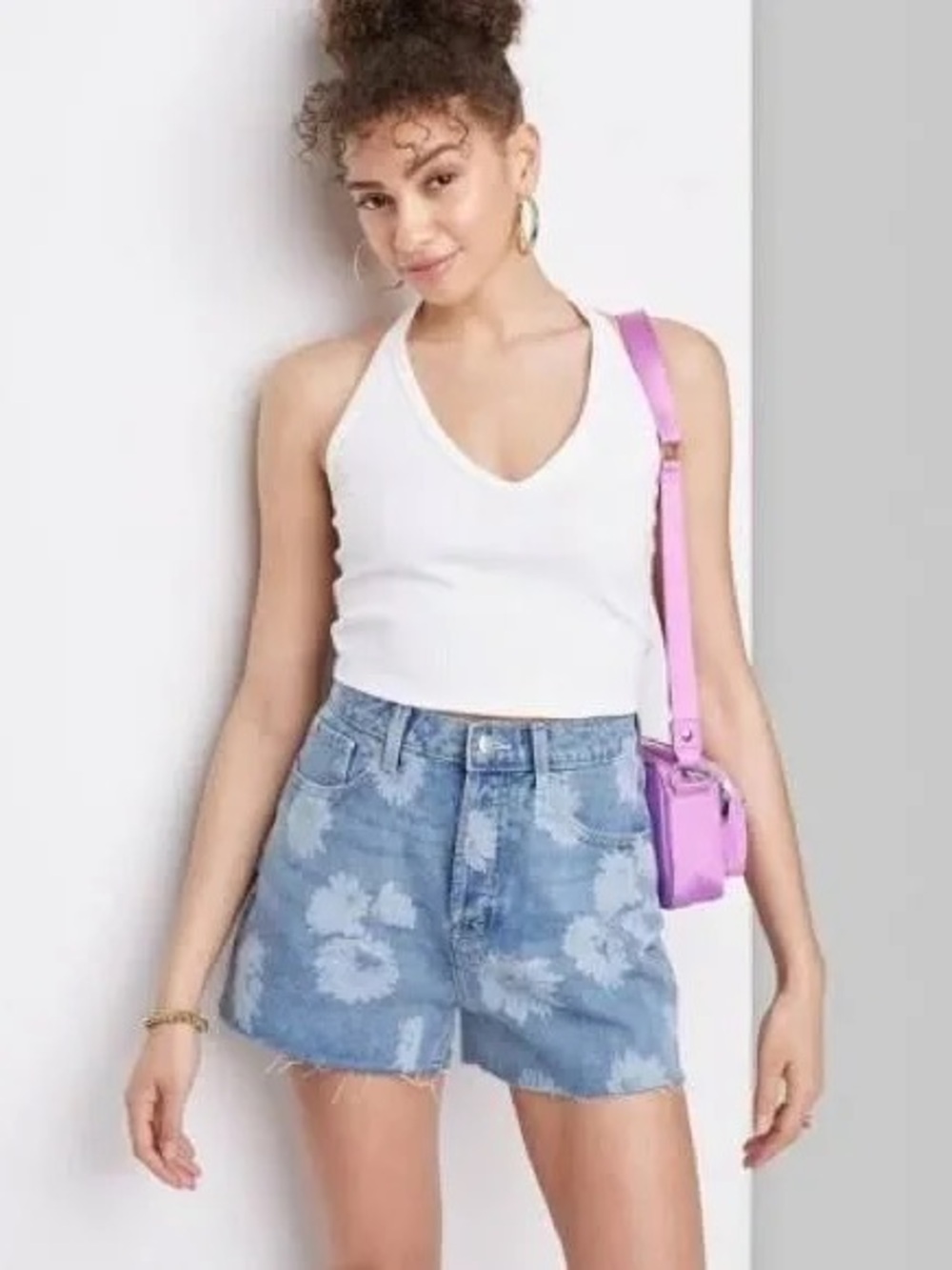 Wild Fable Super High-Rise Cutoff Blue Denim Button Fly Floral Print Shorts Sz 6